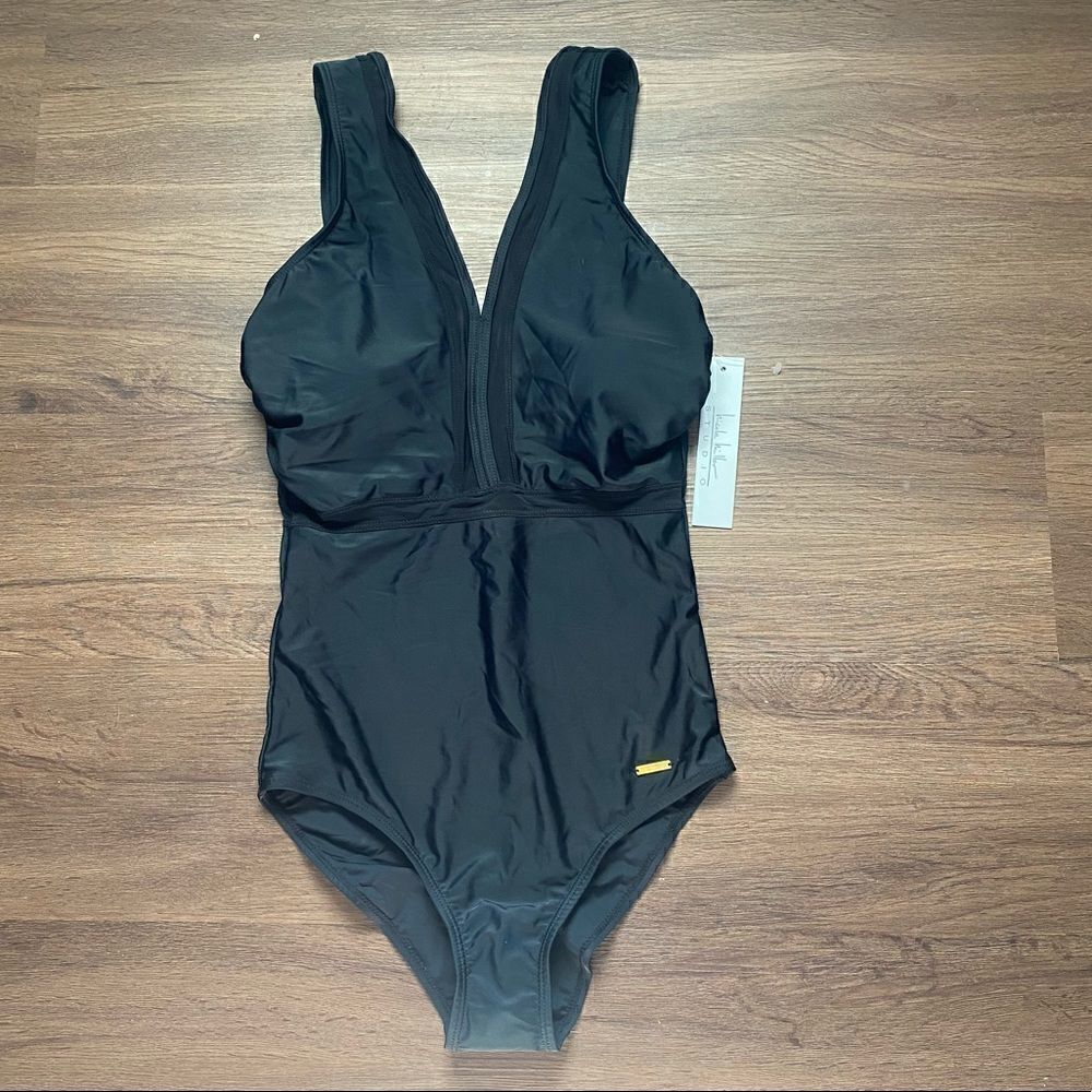 NWT Nicole Miller Black Plunging One Piece Swimsuit
